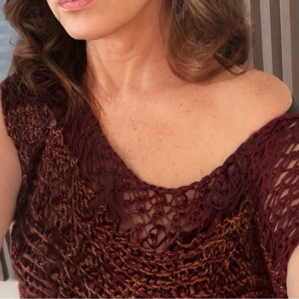 Crochet Open-Knit Top in Deep Burgundy and Copper